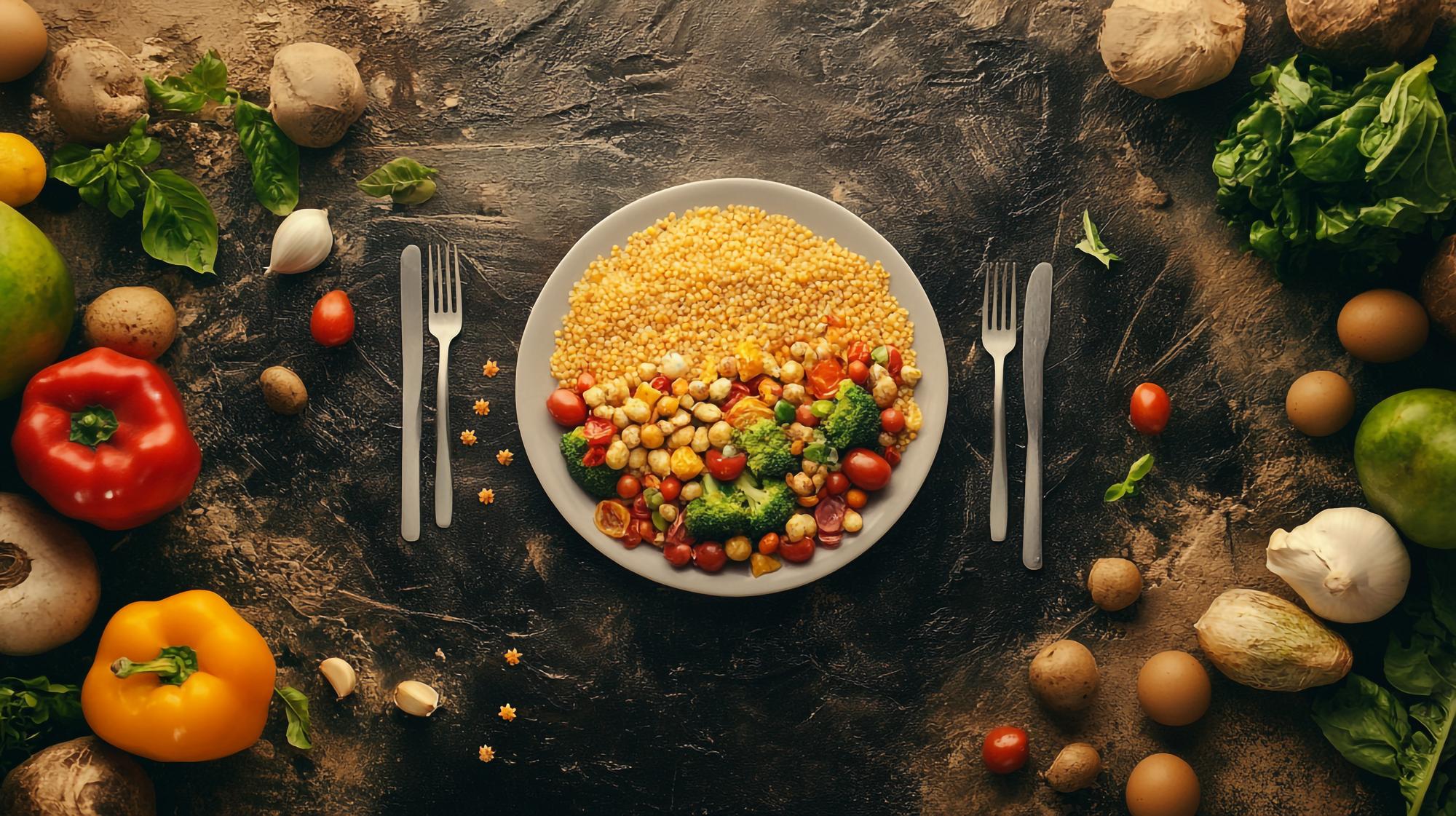 Bowl of colorful grains and roasted vegetables